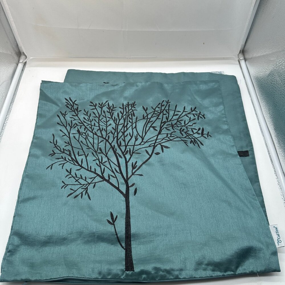 3 Cali Time EUC Pillow Cover Teal Black Trees 18"x 18" Square Zipper Closure KFT